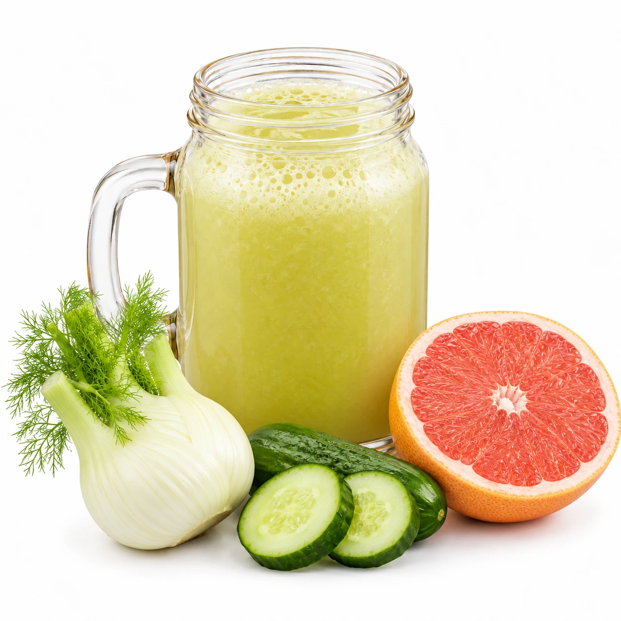 Centrifuga finocchio, cetriolo e pompelmo nel boccale in vetro, con ingredienti su fondo bianco