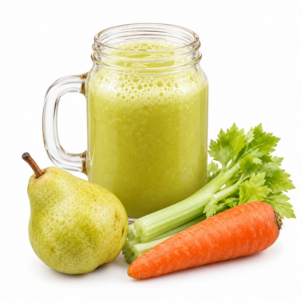 Centrifuga pera, sedano e carota nel boccale in vetro, con gli ingredienti su fondo bianco